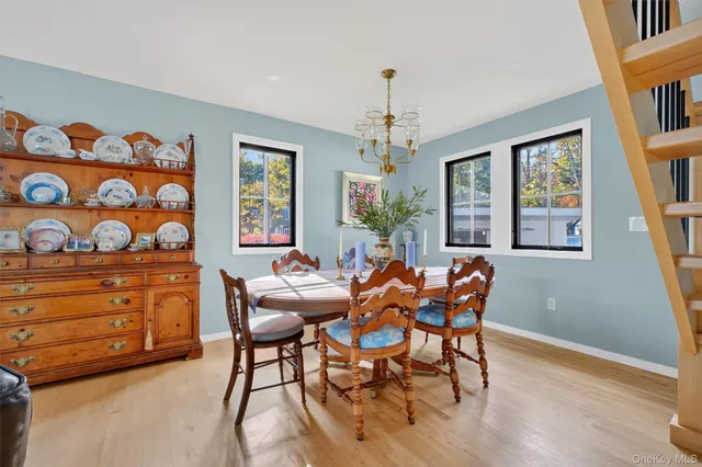 a view of a dining room with furniture window and wooden floor