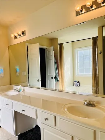 a bathroom with a sink and a mirror