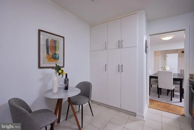 a view of a dining room with furniture