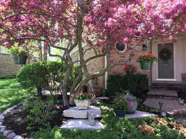 a front view of a house with garden