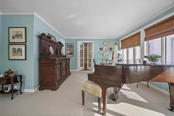 a view of a dining table with chairs