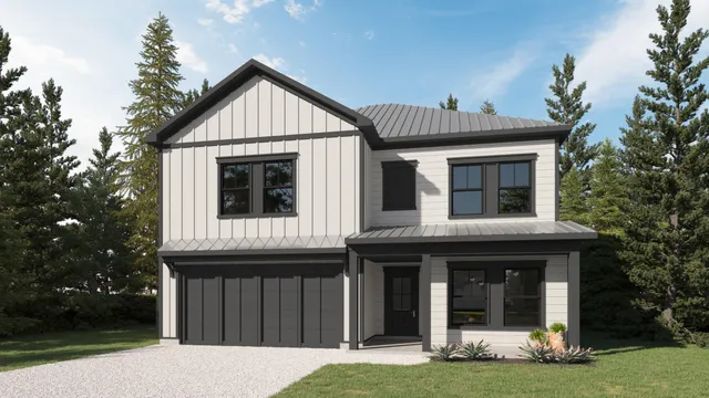 a view of a white house with large windows and a yard with plants and large trees