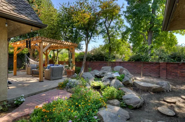 a garden view with sitting space