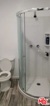 a bathroom with a toilet and a shower