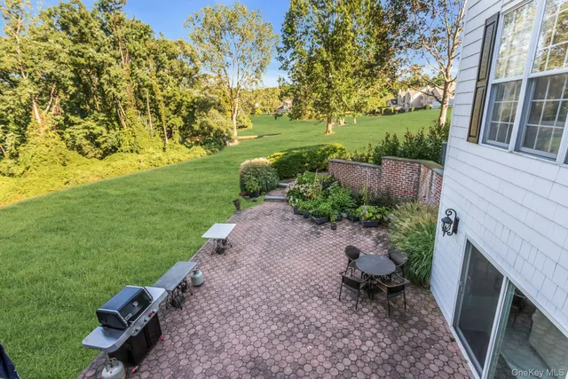 a garden view with a seating space
