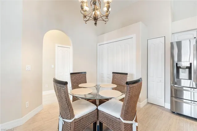 a view of a dining room with furniture