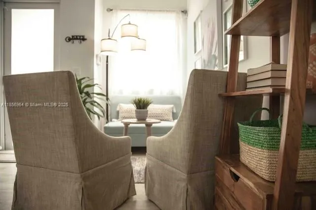 a view of balcony with furniture