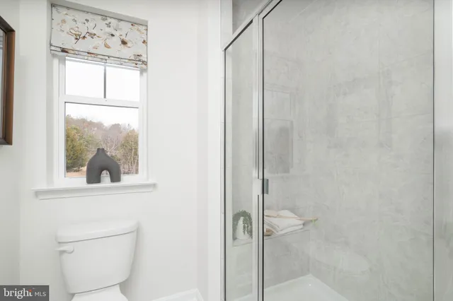 a bathroom with a window and a shower