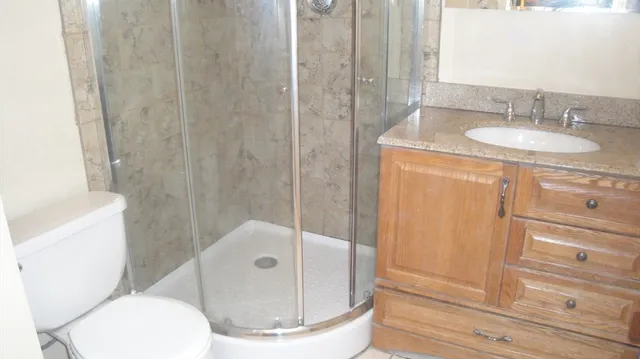 a bathroom with a granite countertop sink toilet and shower