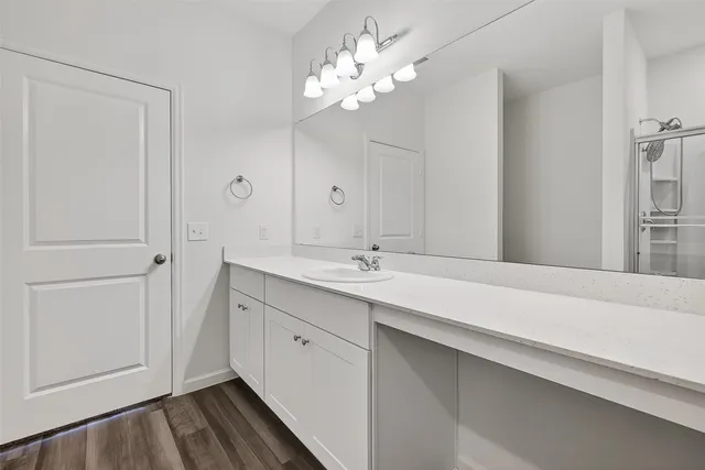 a bathroom with a sink and a mirror