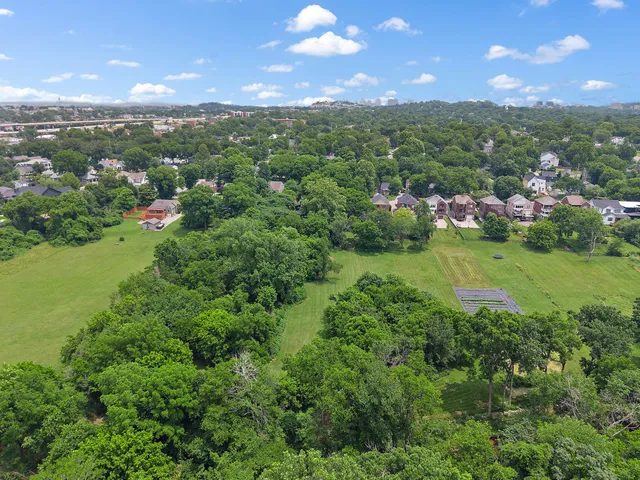 a backyard of a house with a yard and large trees