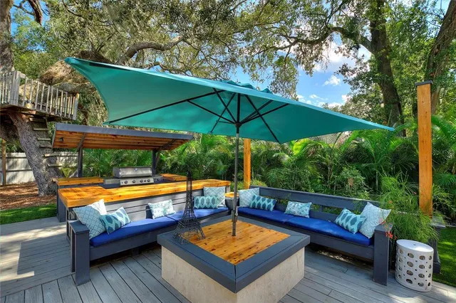 a view of sitting area with swimming pool in backyard
