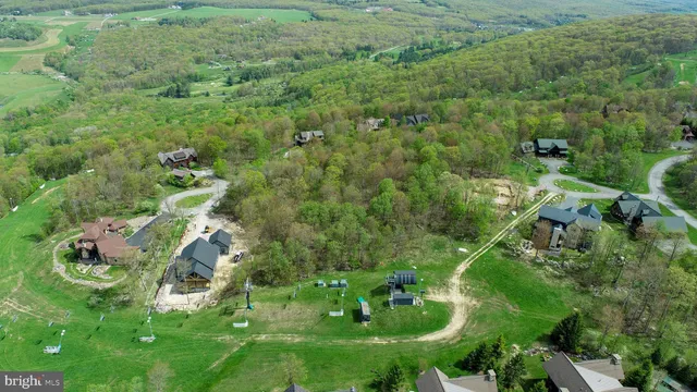 an aerial view of residential house with outdoor space and trees all around