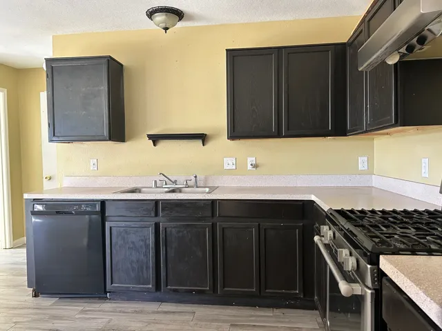 a kitchen with a sink and a stove with wooden cabinets