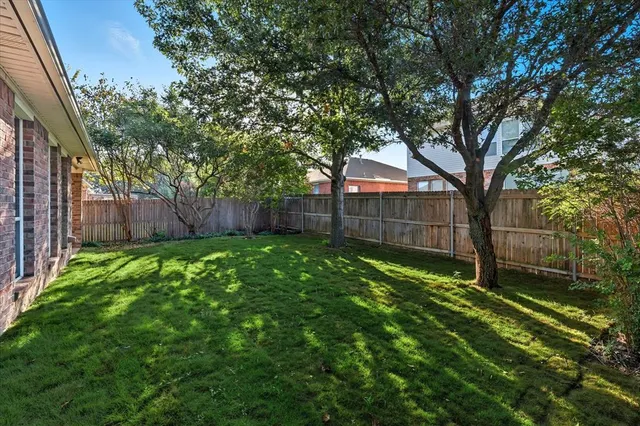 a view of a backyard with a large tree and wooden fence