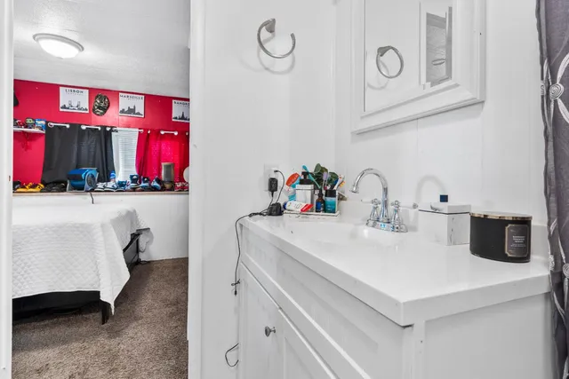 a bathroom with a sink and a mirror