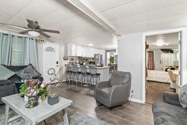 a living room with furniture and a view of kitchen