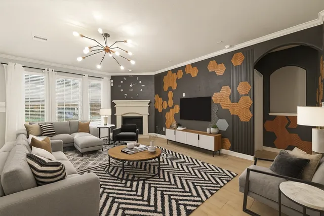 a living room with furniture fireplace and a flat screen tv