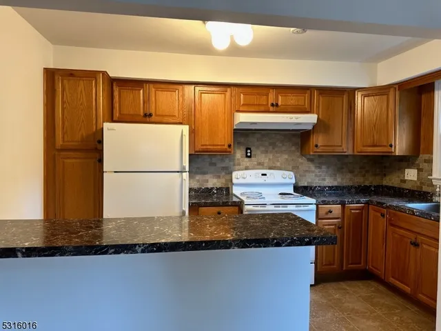 a kitchen with granite countertop a sink a stove and a refrigerator