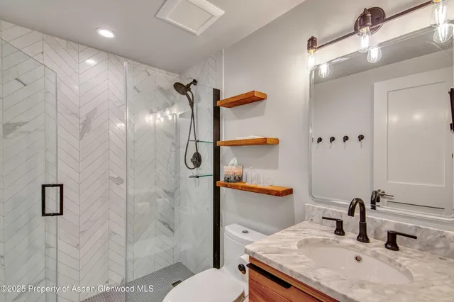 a bathroom with a granite countertop sink a toilet and shower