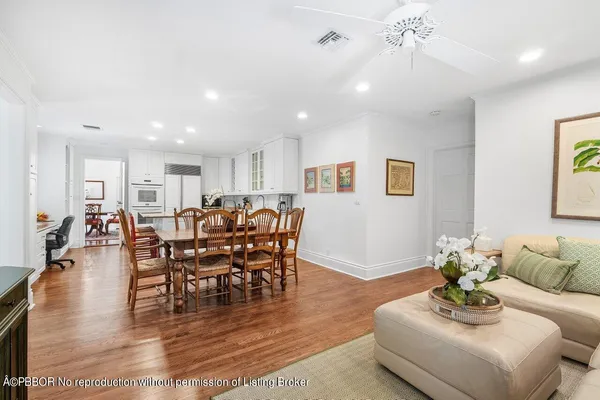 a view of a dining room with furniture