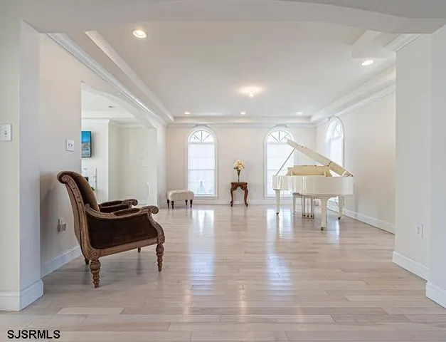 a living room with furniture and a table