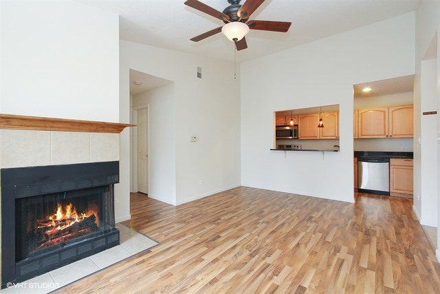 2028 North Rand Road, Unit 201 Palatine, IL 60074 - Photo 2 of 12 a bedroom with a fireplace and a ceiling fan