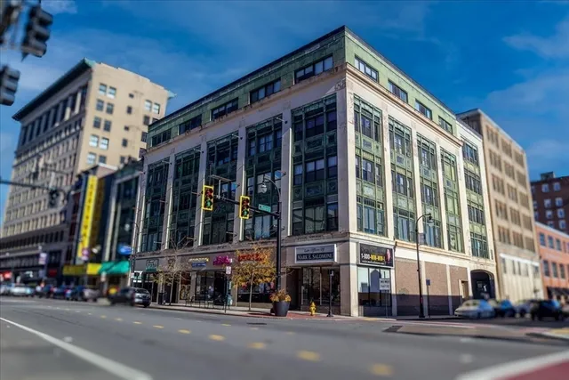 a view of a building and a street light