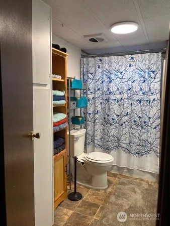 a bathroom with a toilet and a shower curtain