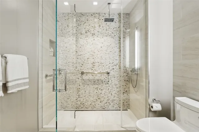 a bathroom with a shower and toilet