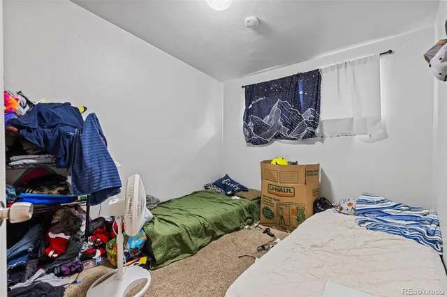 a bedroom with a bed and a closet