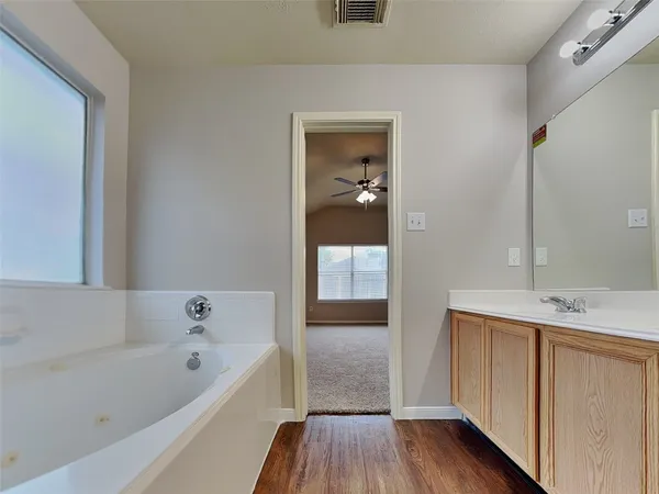 a bathroom with a bathtub a sink and a mirror