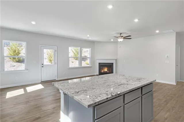 an empty room with fan and windows