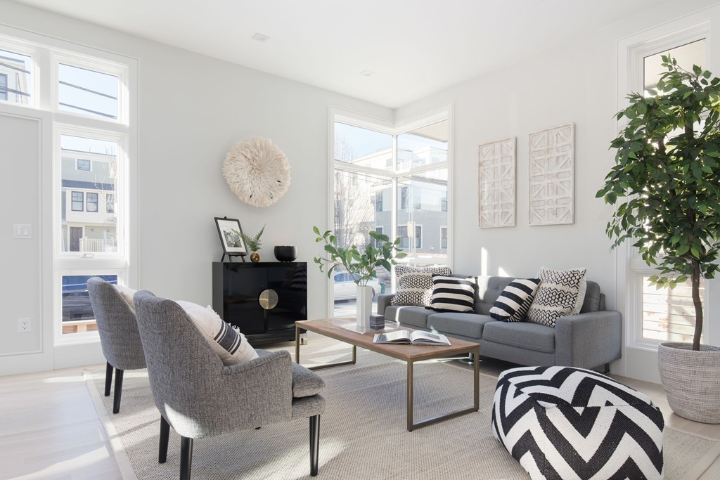 9 Decatur Street, Unit 1 Cambridge, MA 02139 - Photo 2 of 12 a living room with furniture a chandelier a large window and potted plants