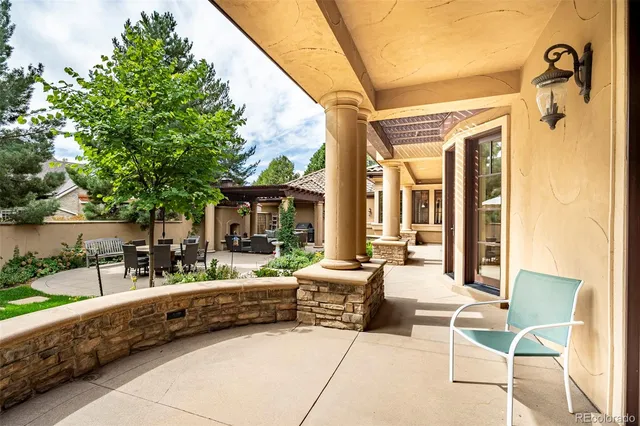 a building outdoor space with patio furniture