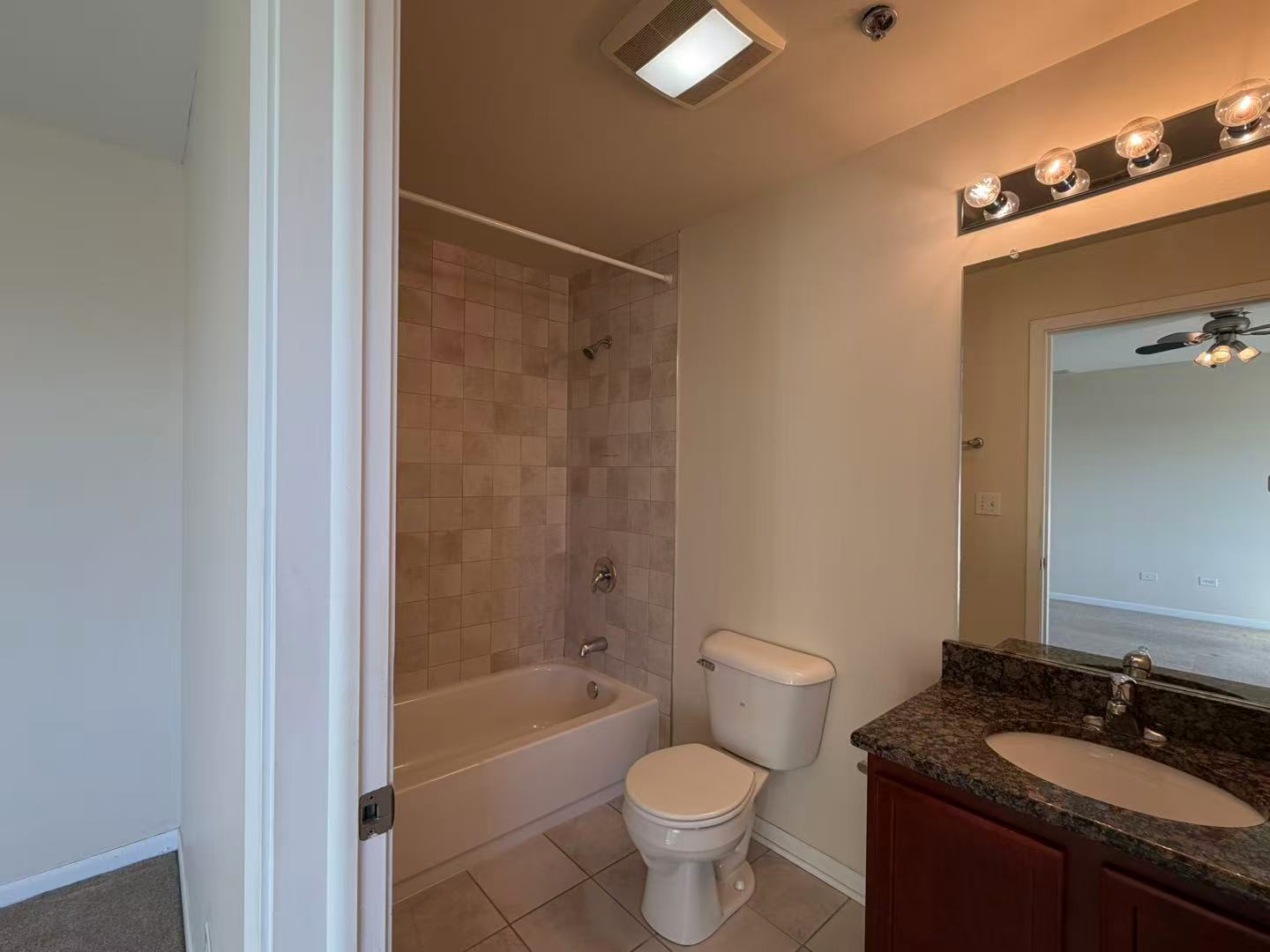 8255 Skokie Boulevard, Unit 406 Skokie, IL 60077 - Photo 15 of 16 a bathroom with a granite countertop sink mirror toilet and bathtub