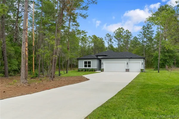 a front view of a house with a yard and trees
