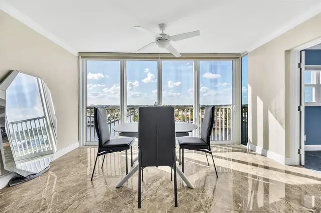 a view of a dining room with furniture window and outside view