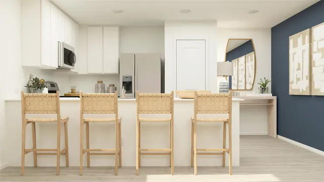 a dining table chair and fireplace