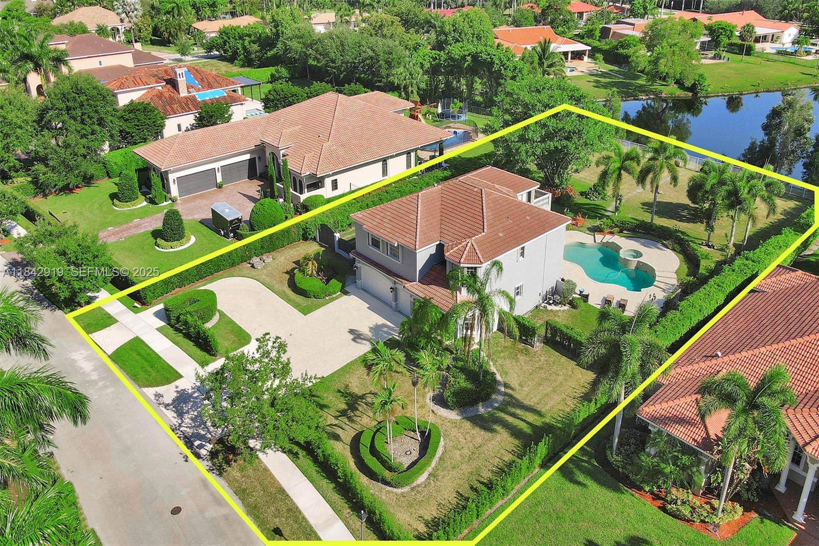 an aerial view of a house with a garden