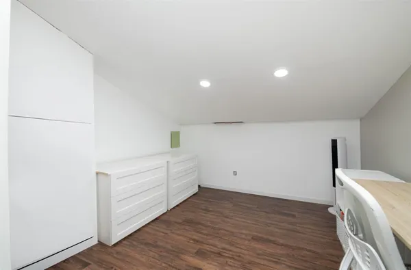 a view of storage and utility room with wooden floor