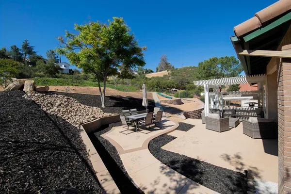 a view of a backyard with sitting area