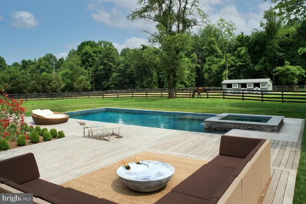 a view of a swimming pool and a yard