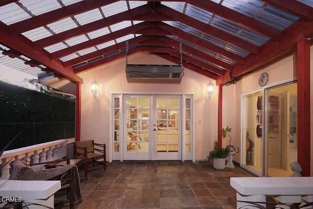 a view of a swimming pool with a garden