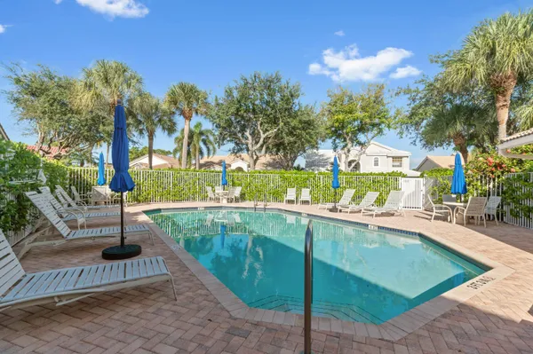 an aerial view of a swimming pool