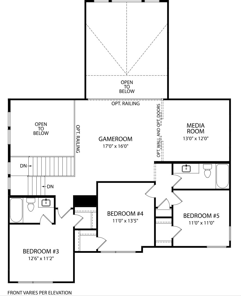 A versatile floor plan showcasing a spacious gameroom, media room, and multiple bedrooms for comfortable living.