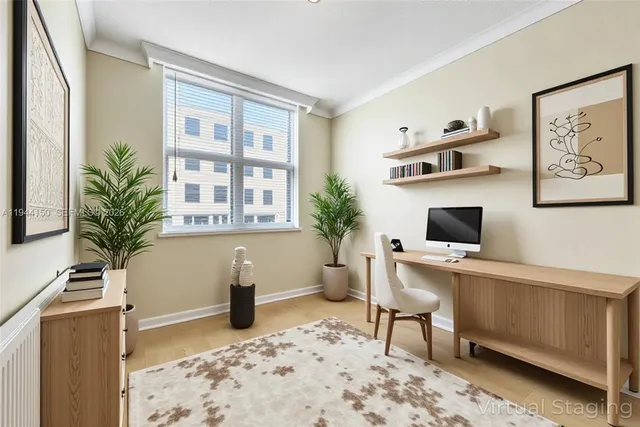 a workspace with furniture and window