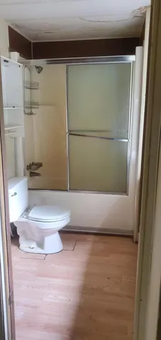 a bathroom with a shower and a toilet
