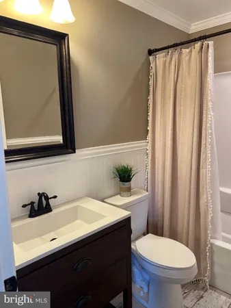 a bathroom with a sink a toilet and shower curtain