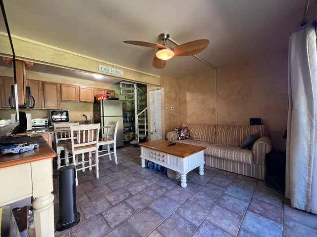 a living room with furniture a ceiling fan and a rug